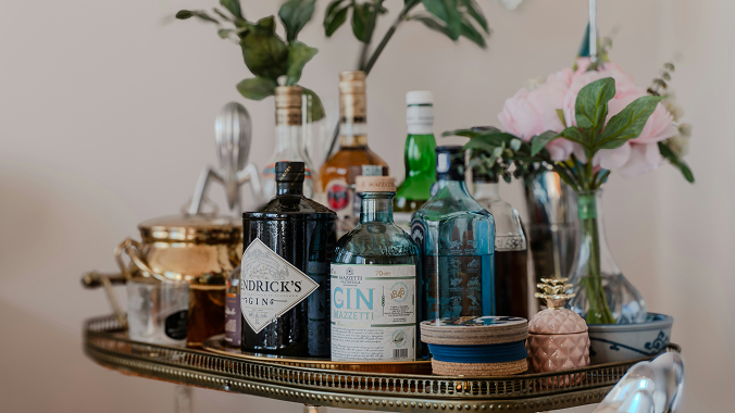 Bottles of liquor on a bar cart